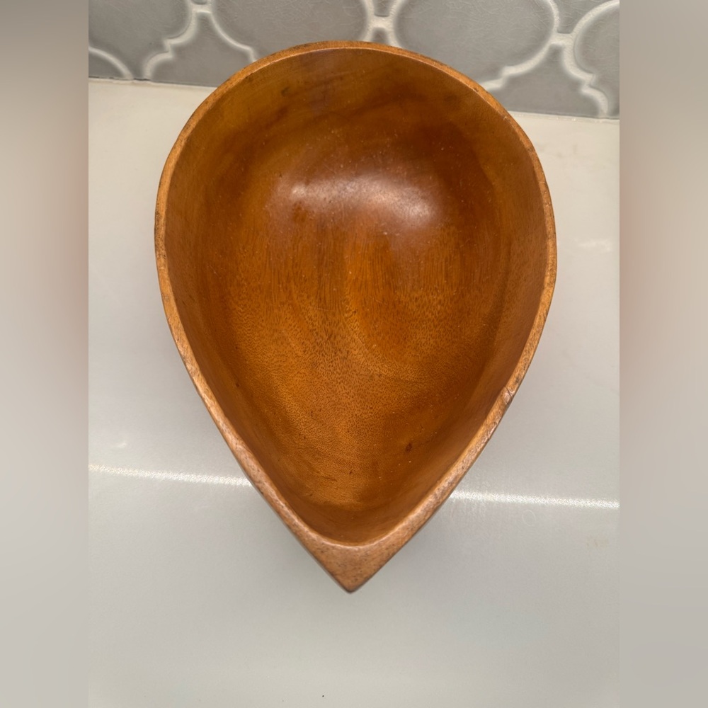 Vintage Hand-Carved Teardrop Wood Bowl | Mid Century Modern Faceted Boho Decor - Picture 2 of 7